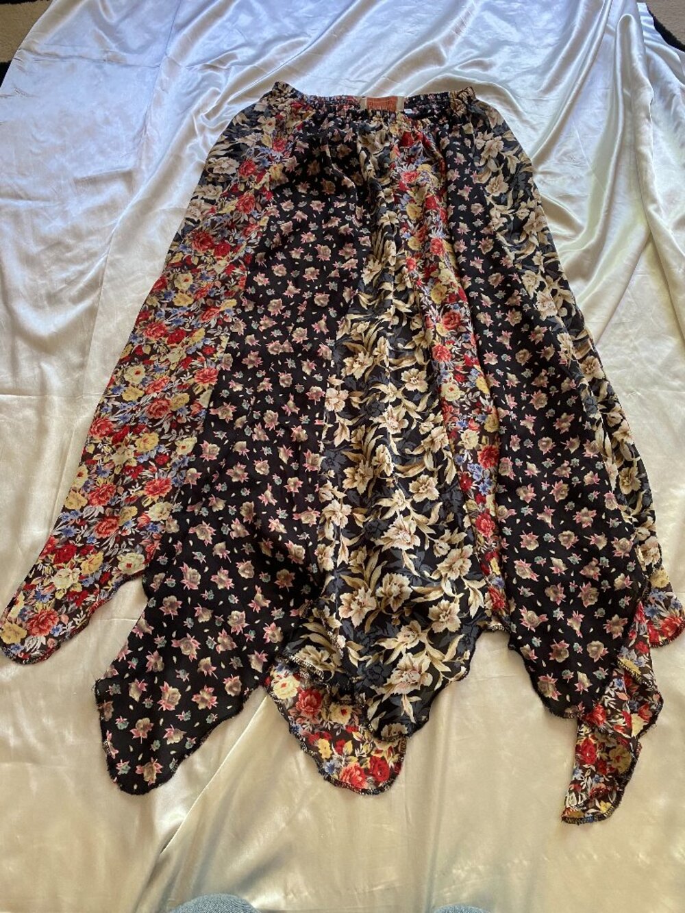Vintage 1990s Floral Paneled Handkerchief Asymmetrical Maxi Boho Skirt Sheer M